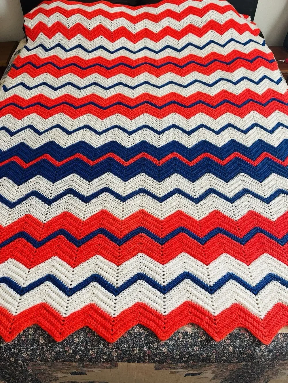 Vintage Handmade Crochet Afghan Throw Blanket Chevron Bright Red Orange Blue Zig